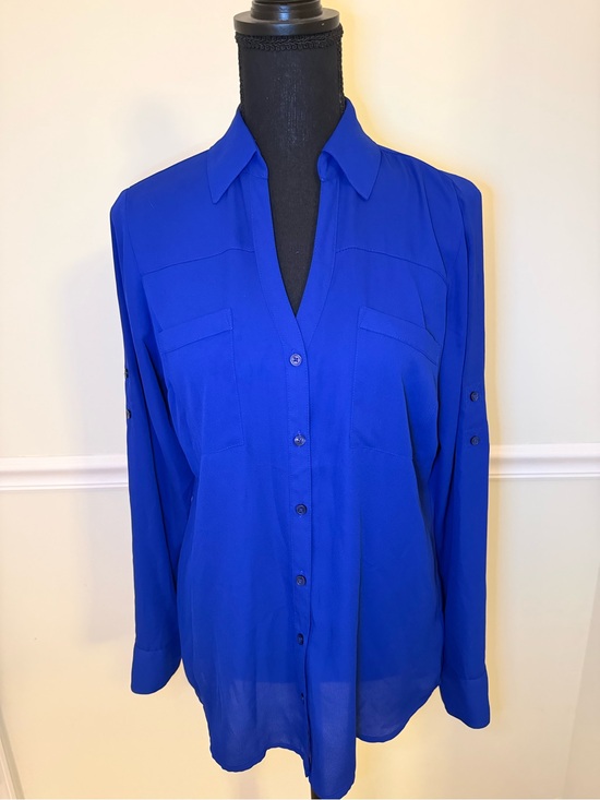 Express Tops - Women's Royal Blue Express Portofino Button-Down Shirt with Roll-Tab Sleeves